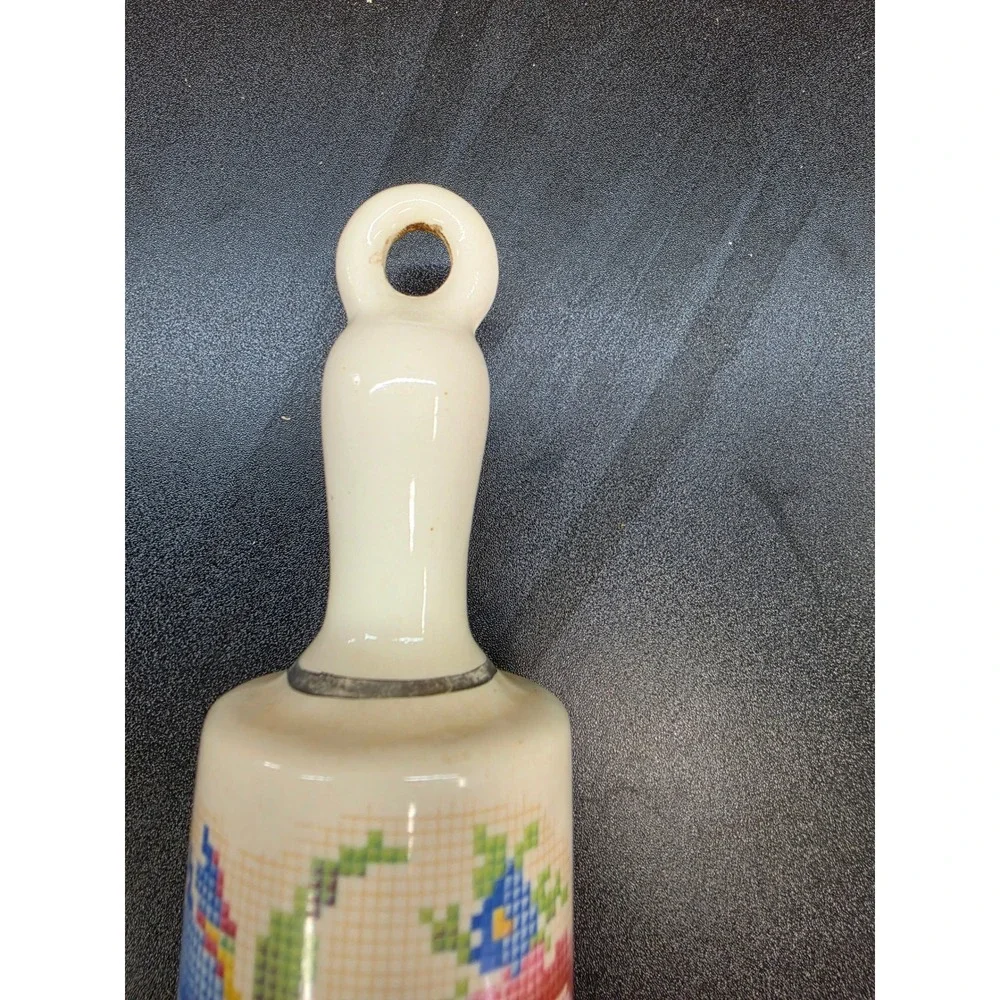 Vintage Ceramic Water Filled Rolling Pin Floral Cross Stitch Cream 15.5in